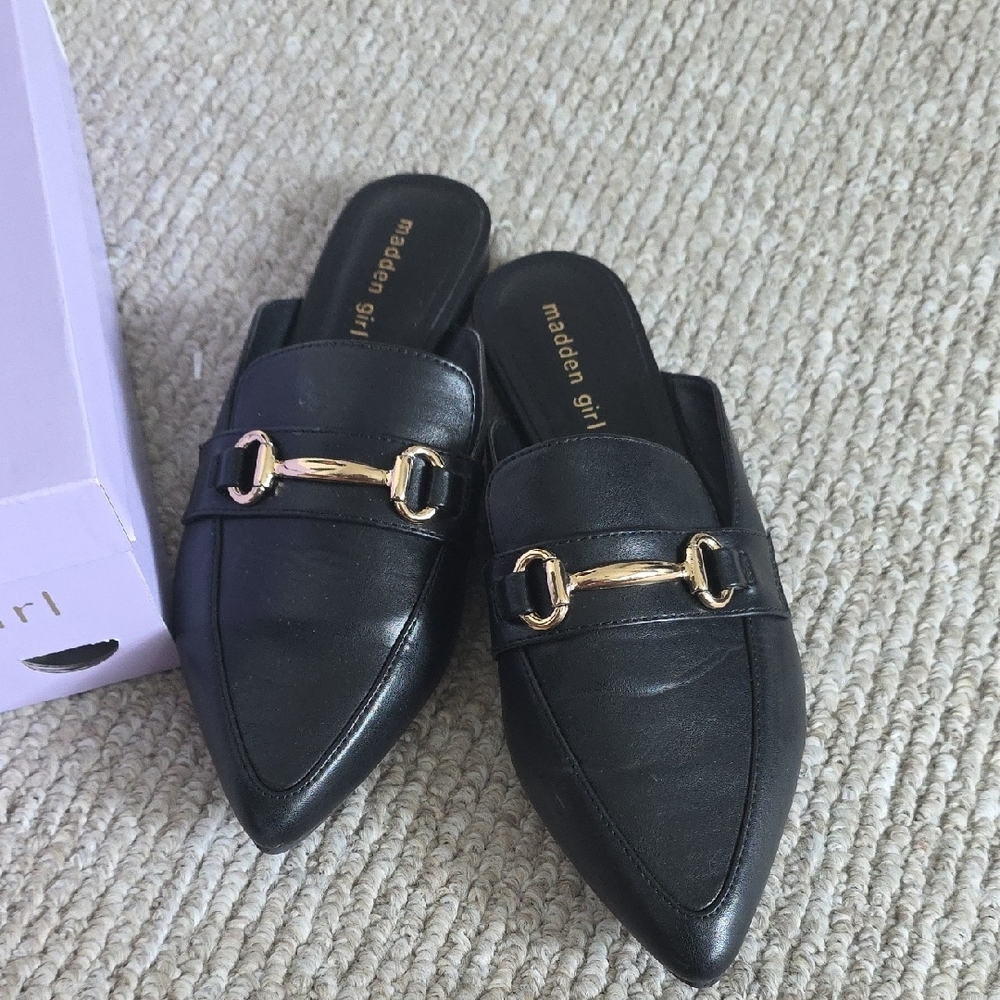 Madden Girl Locket Black and Gold Mules with Horsebit Detail
